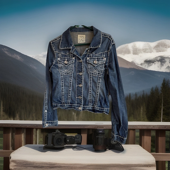 L A Idol Medium Blue Jean Stretchy Jacket Bling Double Stitching - Picture 2 of 6